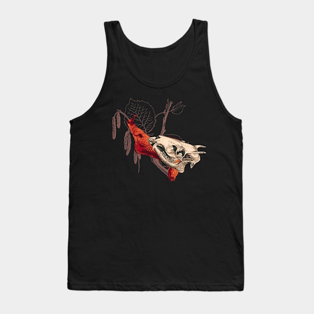 Enigmatic Escargots: Spooky Art Print Featuring Red Snail Donning Tufted Deer Skull Shell Tank Top by venglehart